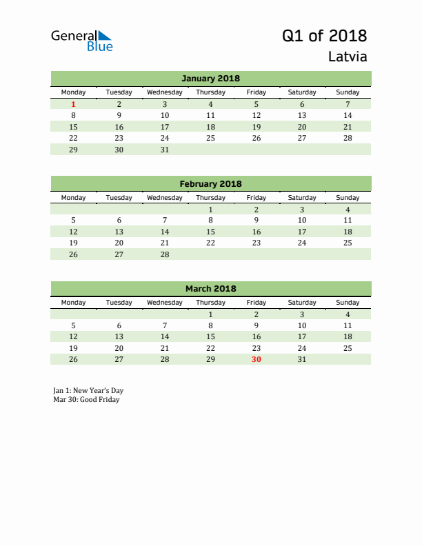 Quarterly Calendar 2018 with Latvia Holidays
