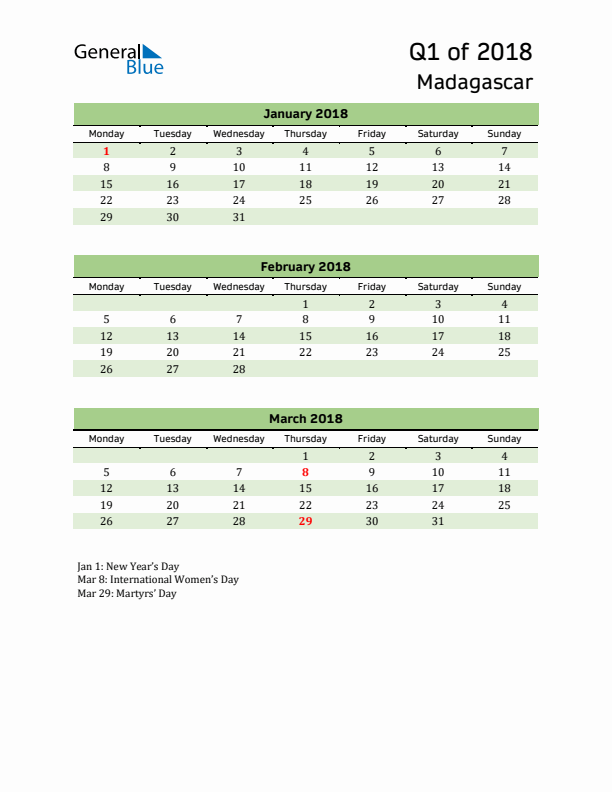 Quarterly Calendar 2018 with Madagascar Holidays
