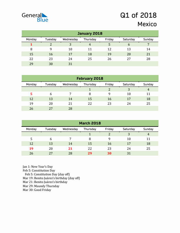 Quarterly Calendar 2018 with Mexico Holidays