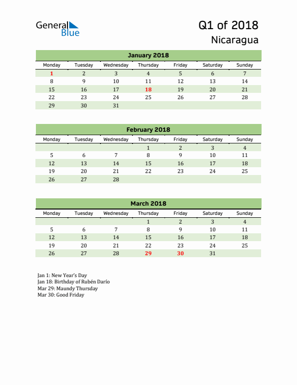 Quarterly Calendar 2018 with Nicaragua Holidays