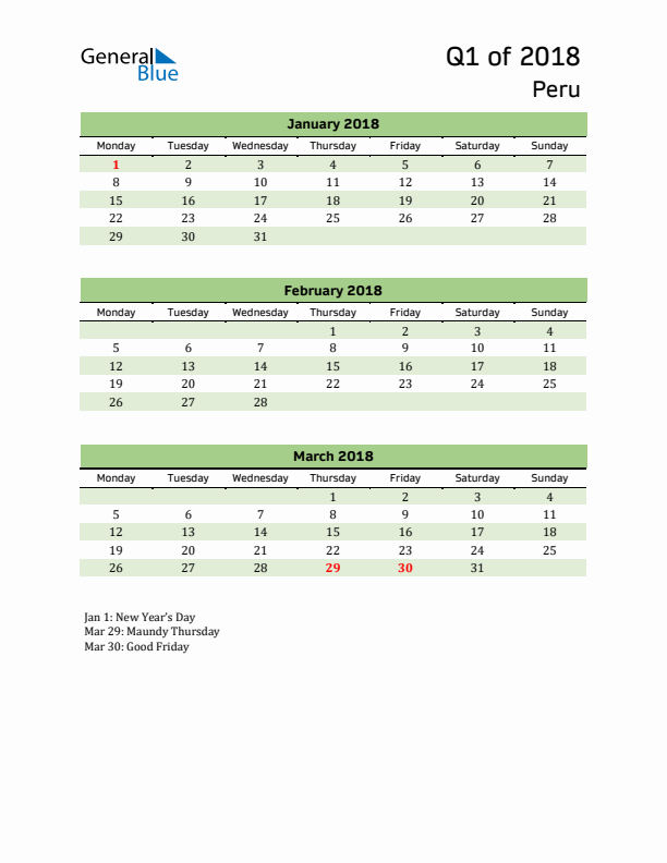 Quarterly Calendar 2018 with Peru Holidays