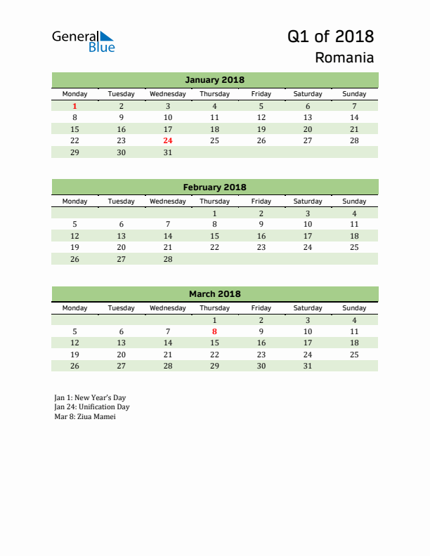 Quarterly Calendar 2018 with Romania Holidays