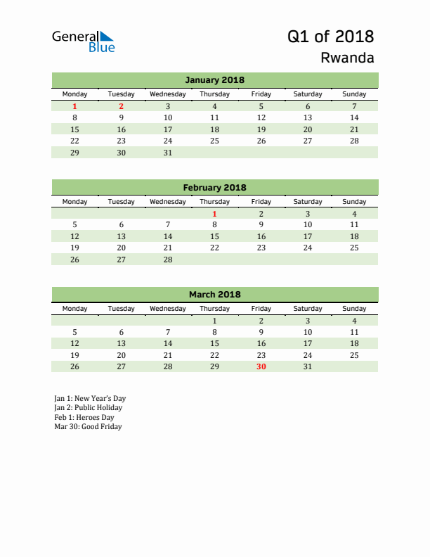 Quarterly Calendar 2018 with Rwanda Holidays