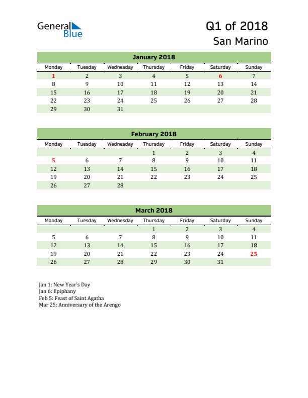 Quarterly Calendar 2018 with San Marino Holidays