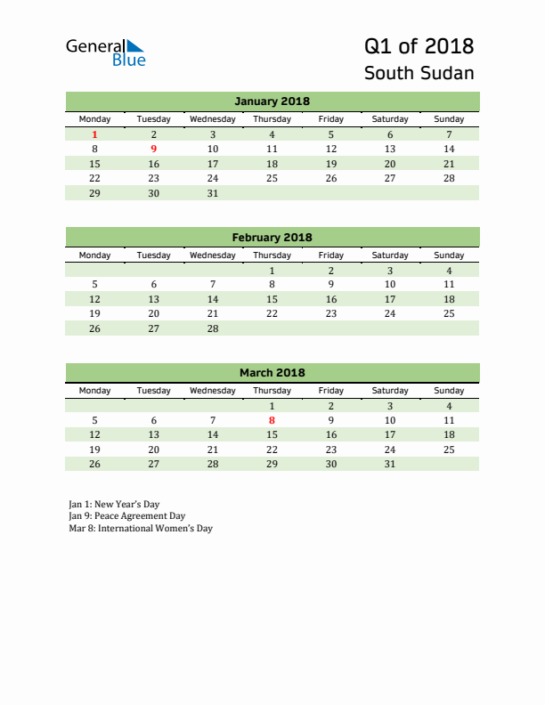 Quarterly Calendar 2018 with South Sudan Holidays