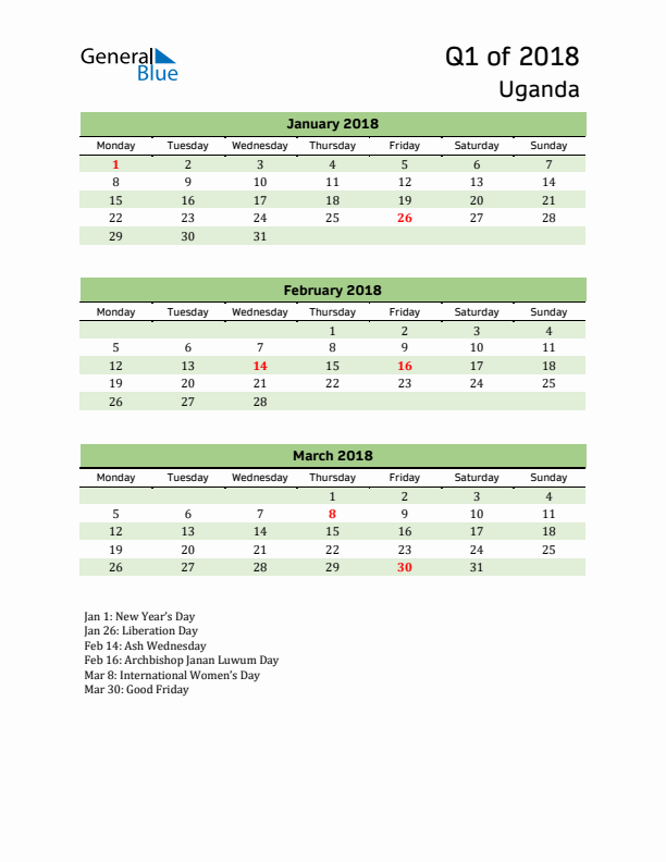 Quarterly Calendar 2018 with Uganda Holidays