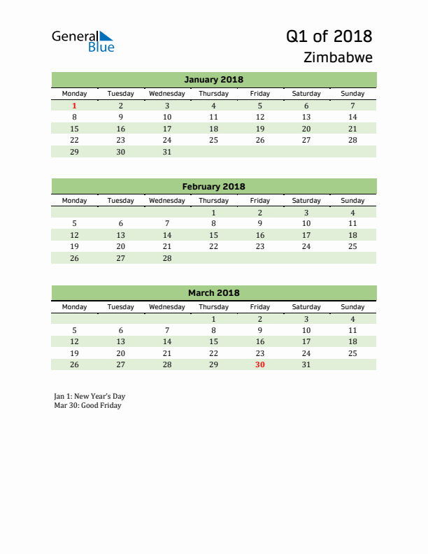Quarterly Calendar 2018 with Zimbabwe Holidays