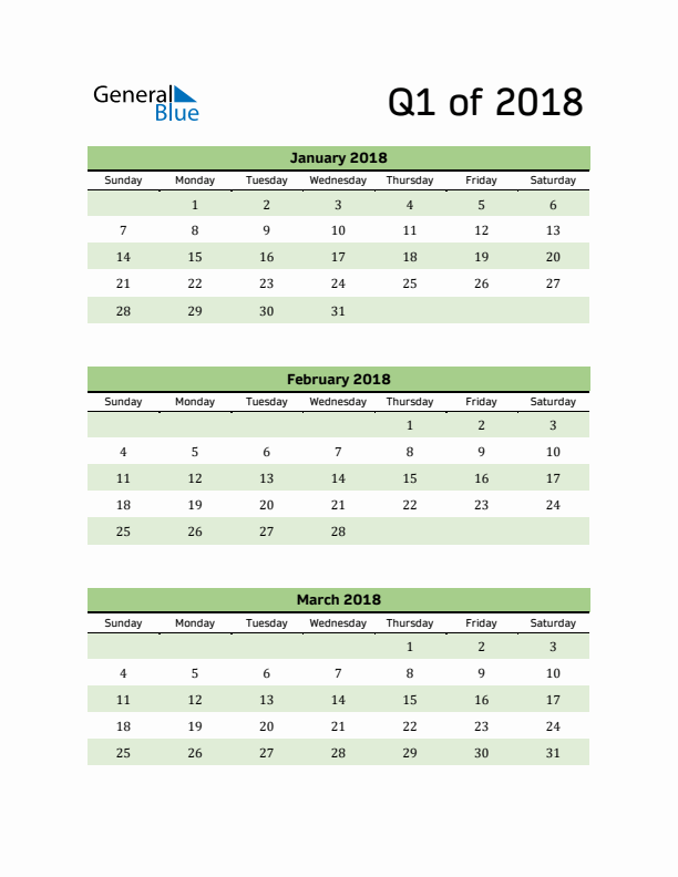Printable Quarterly Calendar (Q1 2018)