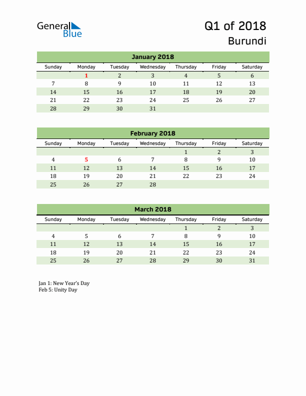 Quarterly Calendar 2018 with Burundi Holidays