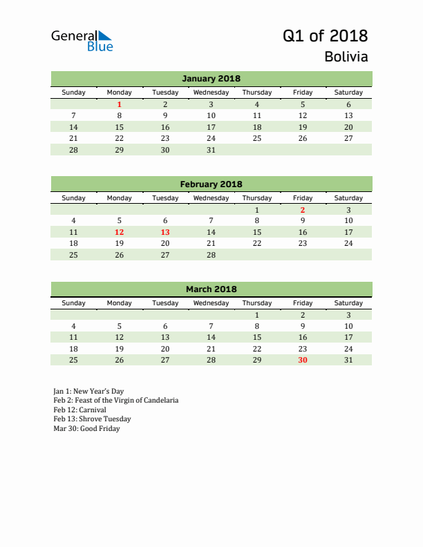Quarterly Calendar 2018 with Bolivia Holidays
