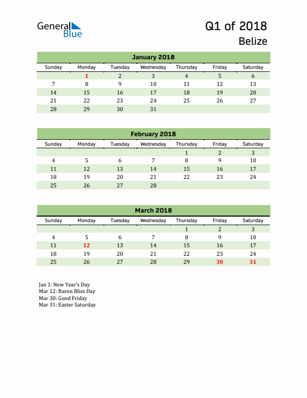 Quarterly Calendar 2018 with Belize Holidays