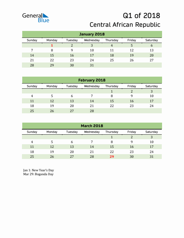 Quarterly Calendar 2018 with Central African Republic Holidays