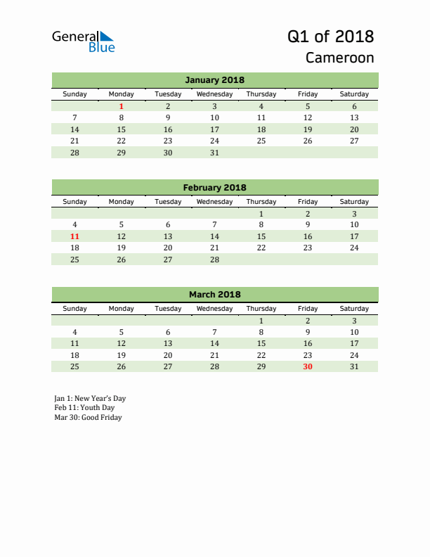 Quarterly Calendar 2018 with Cameroon Holidays