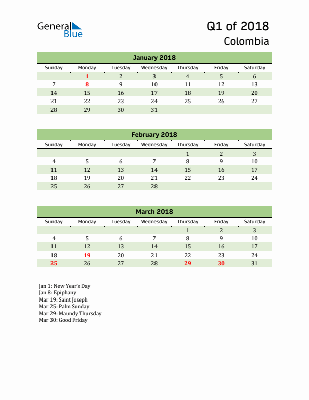 Quarterly Calendar 2018 with Colombia Holidays