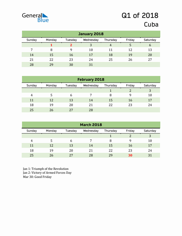 Quarterly Calendar 2018 with Cuba Holidays