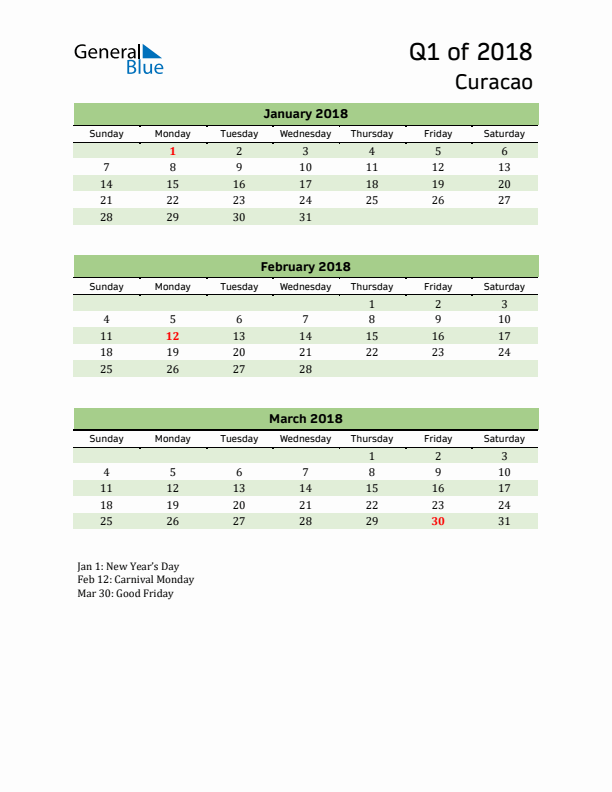 Quarterly Calendar 2018 with Curacao Holidays