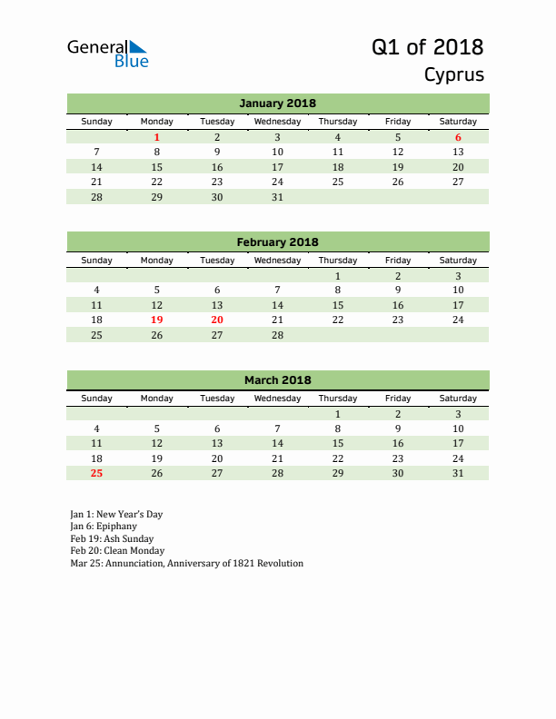 Quarterly Calendar 2018 with Cyprus Holidays