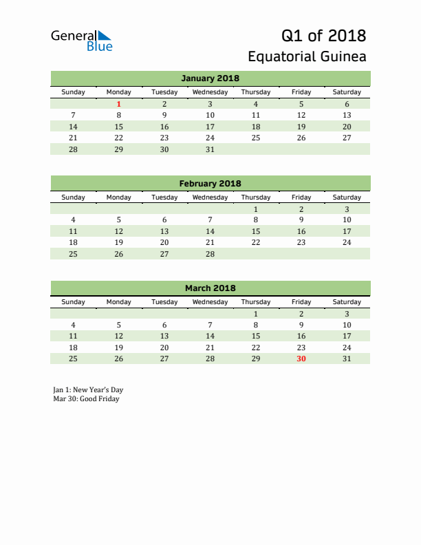 Quarterly Calendar 2018 with Equatorial Guinea Holidays