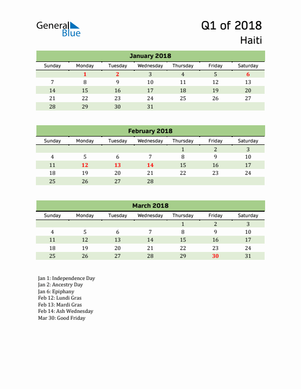 Quarterly Calendar 2018 with Haiti Holidays