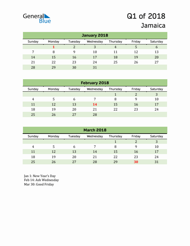 Quarterly Calendar 2018 with Jamaica Holidays