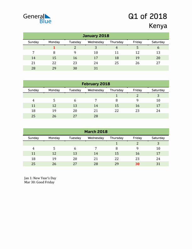 Quarterly Calendar 2018 with Kenya Holidays
