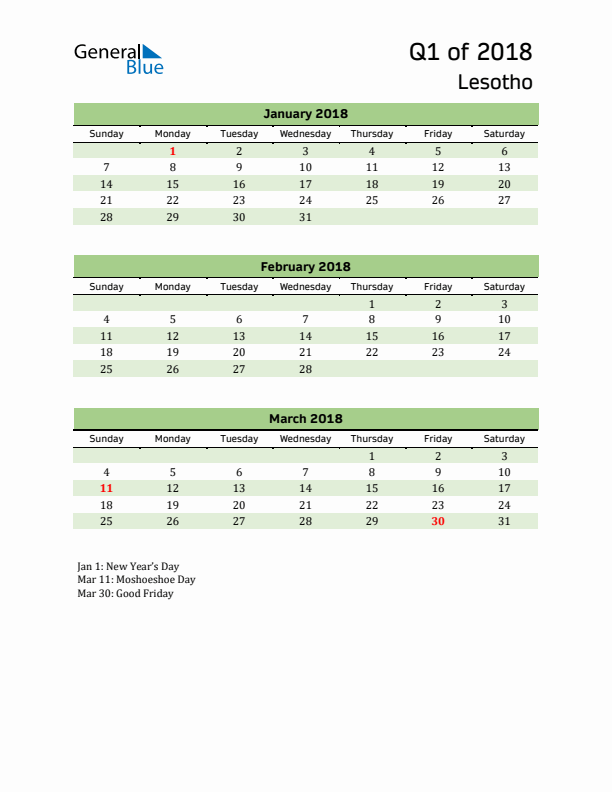 Quarterly Calendar 2018 with Lesotho Holidays