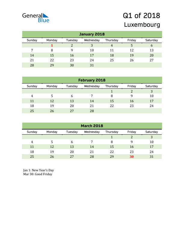 Quarterly Calendar 2018 with Luxembourg Holidays