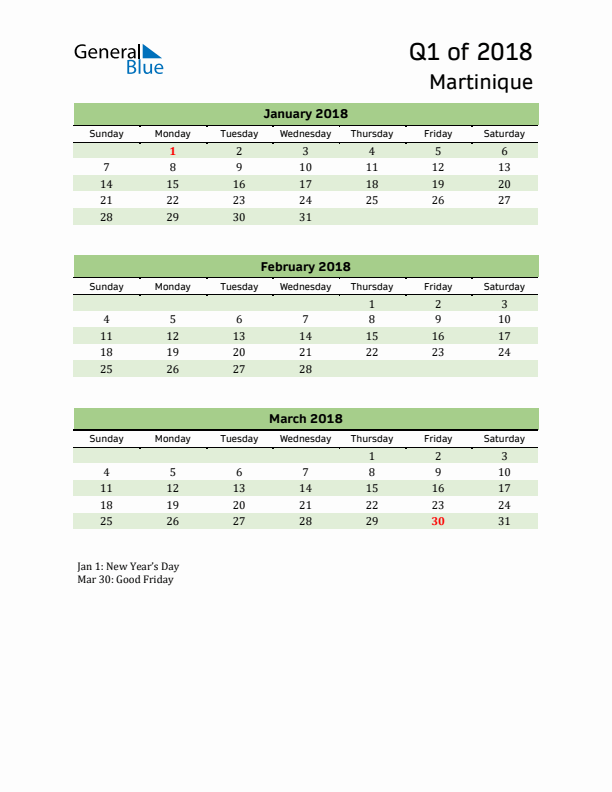 Quarterly Calendar 2018 with Martinique Holidays