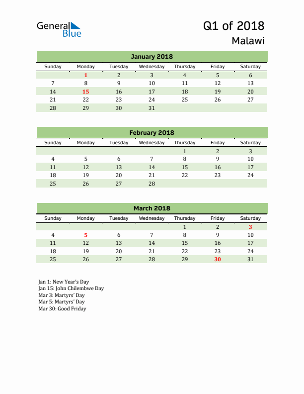 Quarterly Calendar 2018 with Malawi Holidays