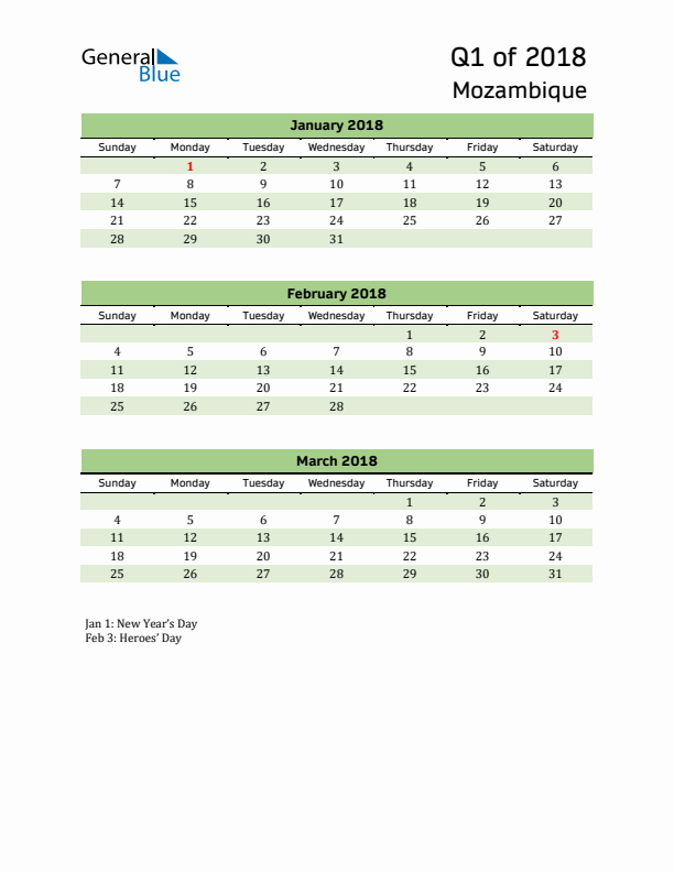 Quarterly Calendar 2018 with Mozambique Holidays