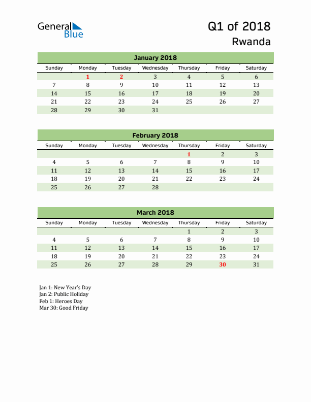 Quarterly Calendar 2018 with Rwanda Holidays