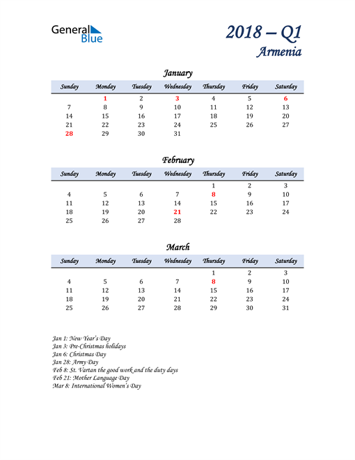  January, February, and March Calendar for Armenia