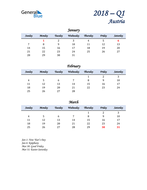  January, February, and March Calendar for Austria