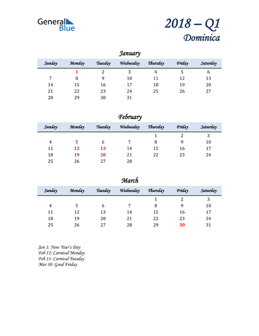  January, February, and March Calendar for Dominica