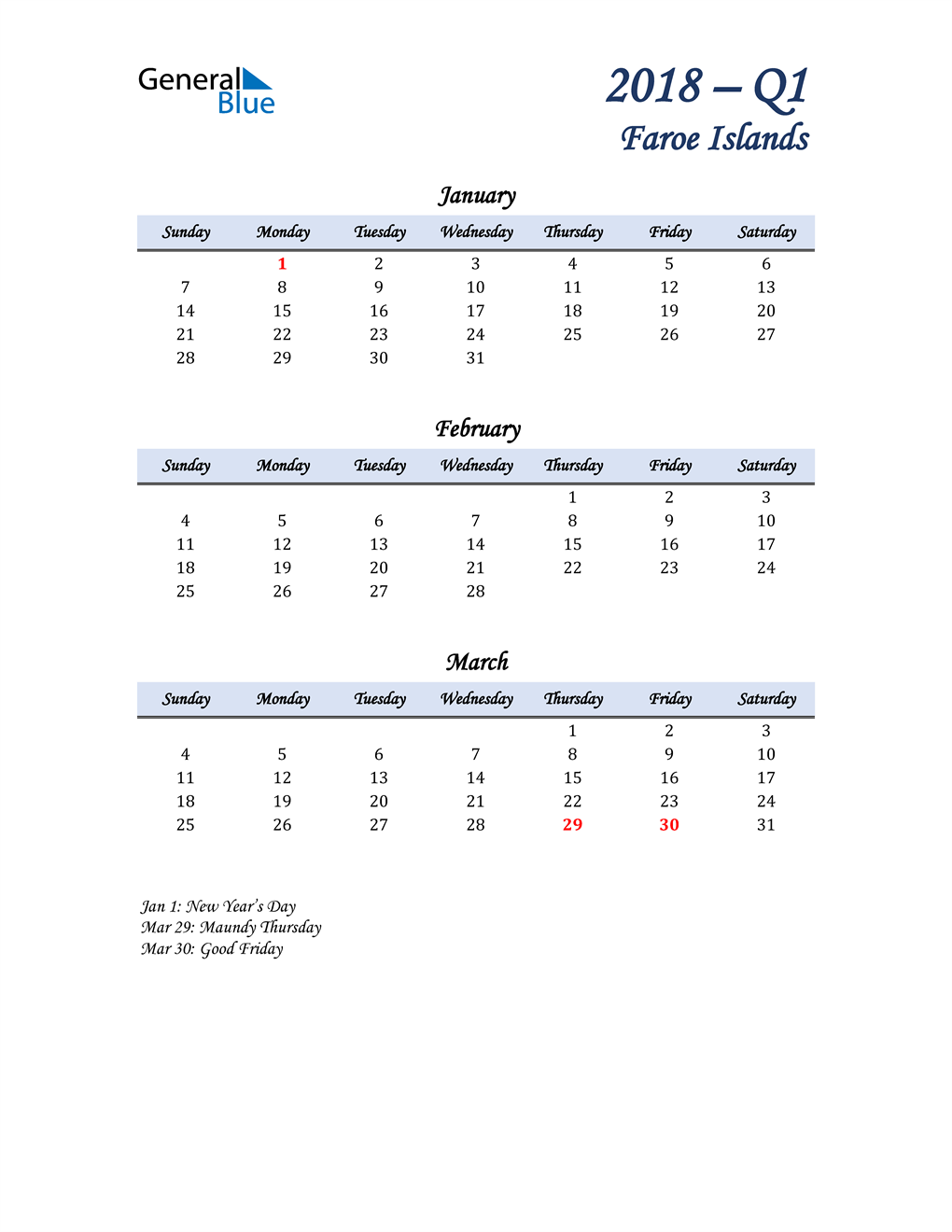  January, February, and March Calendar for Faroe Islands