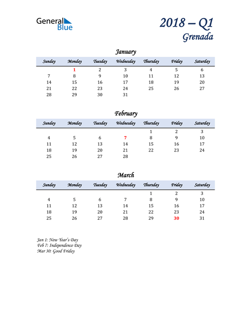  January, February, and March Calendar for Grenada