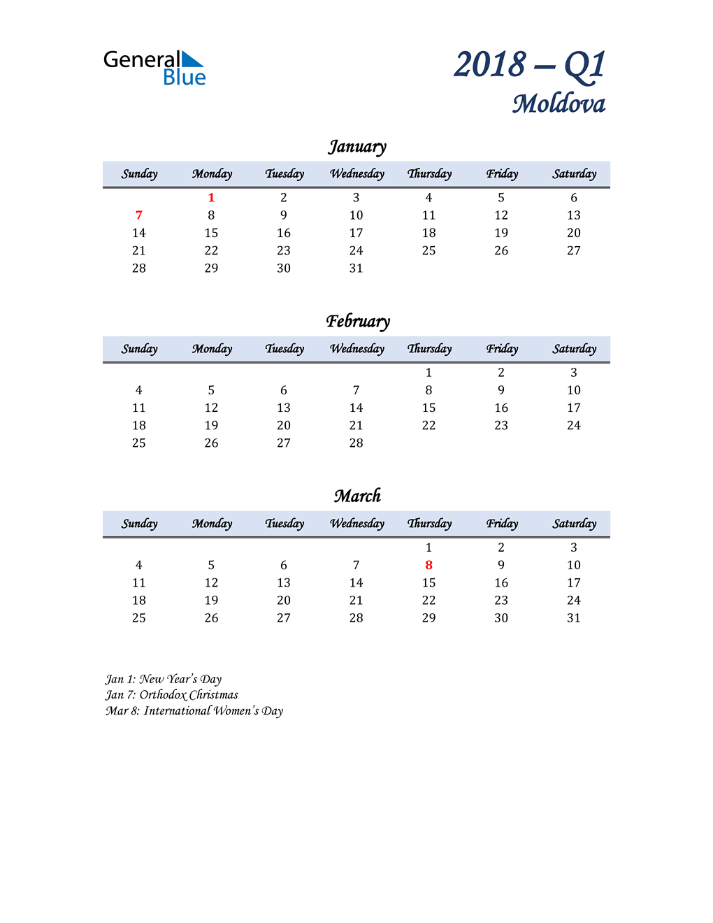  January, February, and March Calendar for Moldova