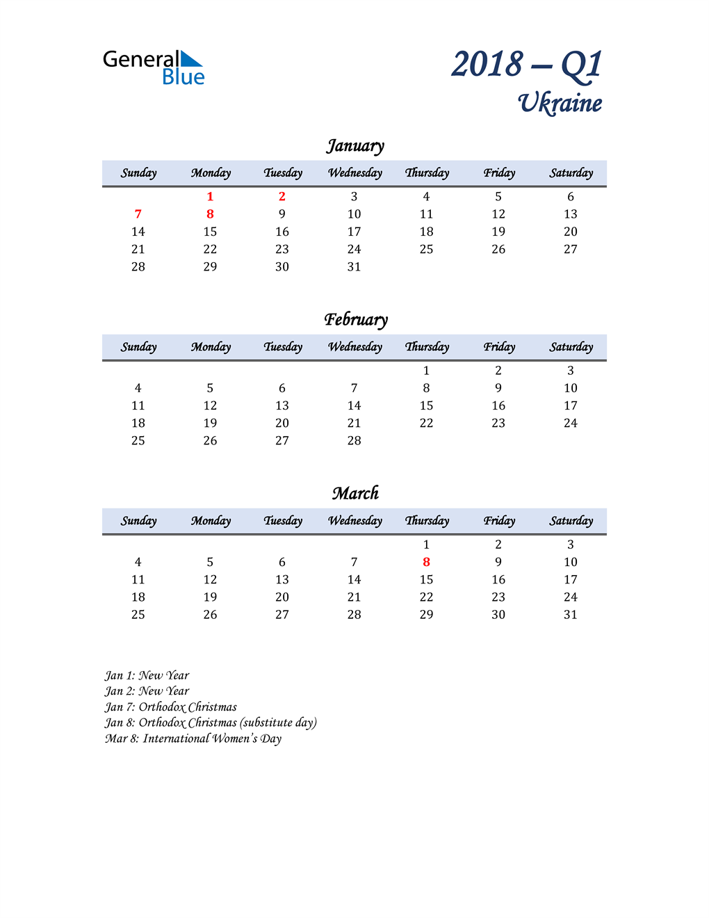  January, February, and March Calendar for Ukraine