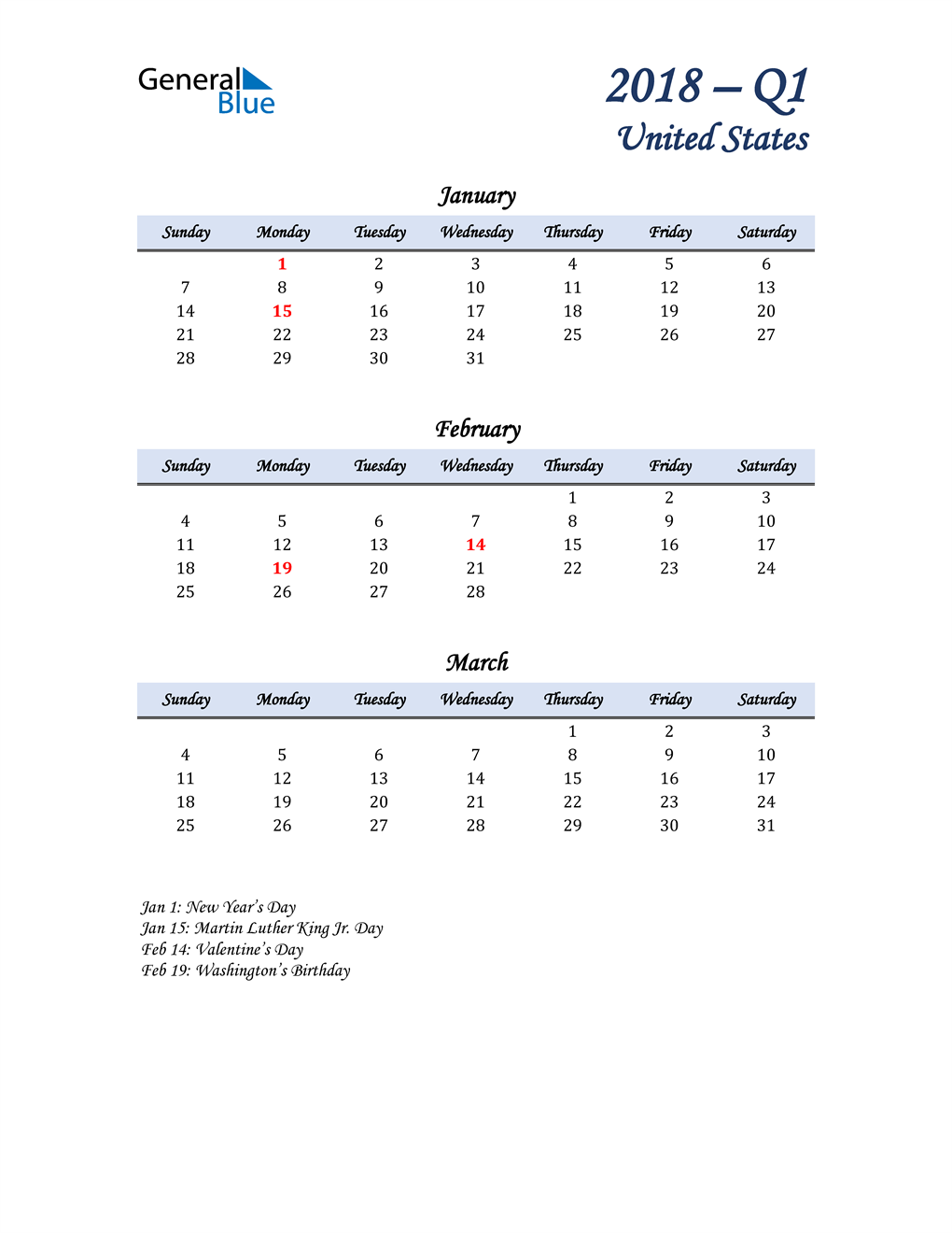  January, February, and March Calendar for United States