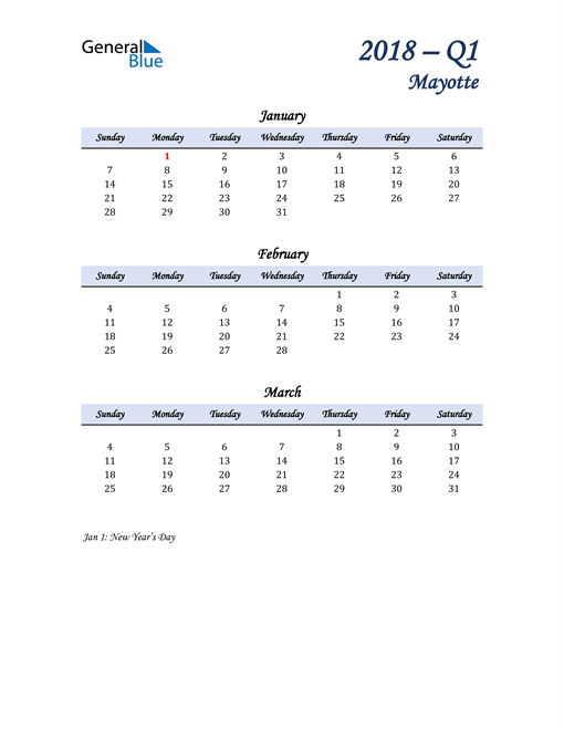  January, February, and March Calendar for Mayotte