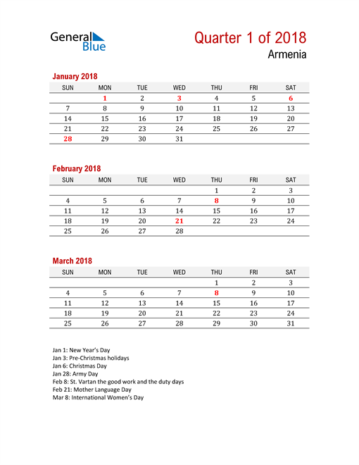  Printable Three Month Calendar for Armenia
