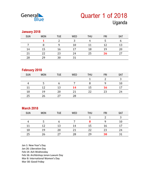  Printable Three Month Calendar for Uganda