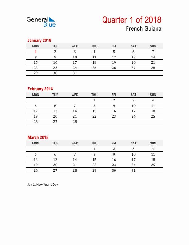 Printable Three Month Calendar with French Guiana Holidays