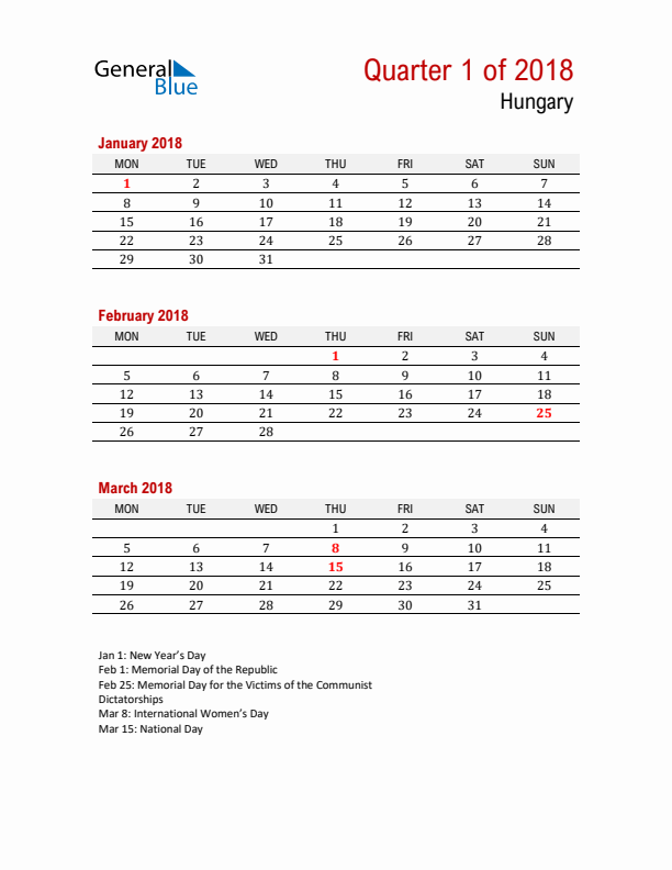 Printable Three Month Calendar with Hungary Holidays