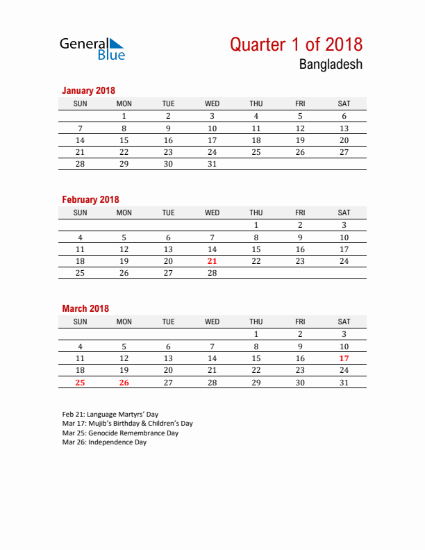 Q1 2018 Quarterly Calendar with Bangladesh Holidays (PDF Excel Word)