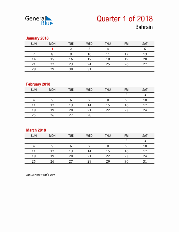 Printable Three Month Calendar with Bahrain Holidays