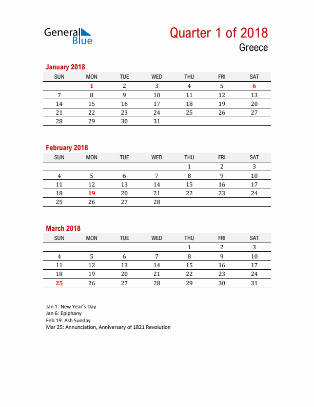 Printable Three Month Calendar with Greece Holidays