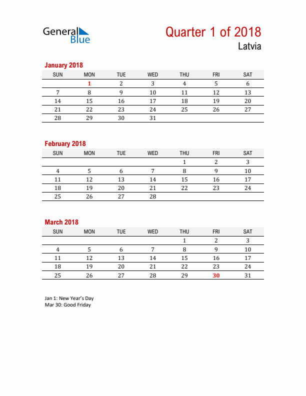 Printable Three Month Calendar with Latvia Holidays