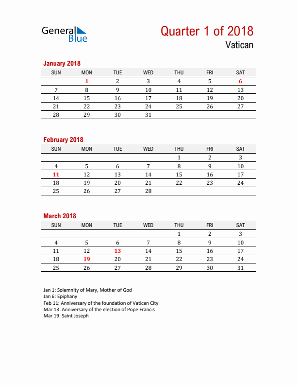 Printable Three Month Calendar with Vatican Holidays