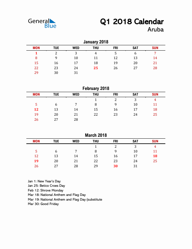 2018 Q1 Calendar with Holidays List for Aruba